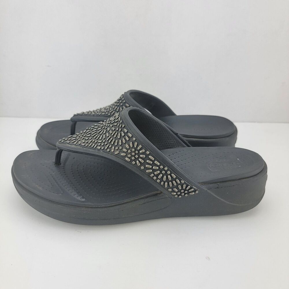 Crocs Womens Size 10 Black Montery Diamante Thong Flip Flop Sandals